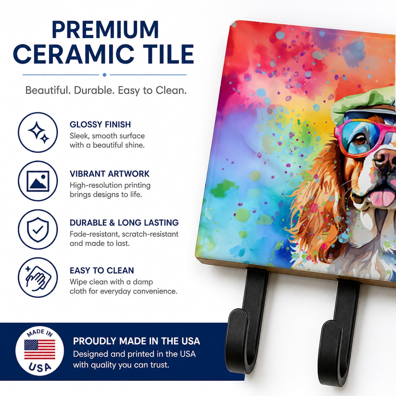 Cavalier Spaniel Hippie Dawg Leash or Key Holder Wall Hooks, Coat Rack Wall Mount, for Hanging Keys, Towels, Aprons, Leashes