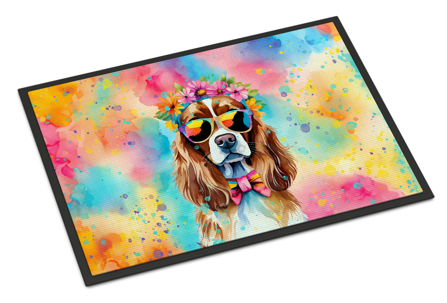 Cavalier Spaniel Hippie Dawg Doormat Indoor Outdoor 18H X 27W Front Door Mat Rugs for Entryway, Non Slip Washable