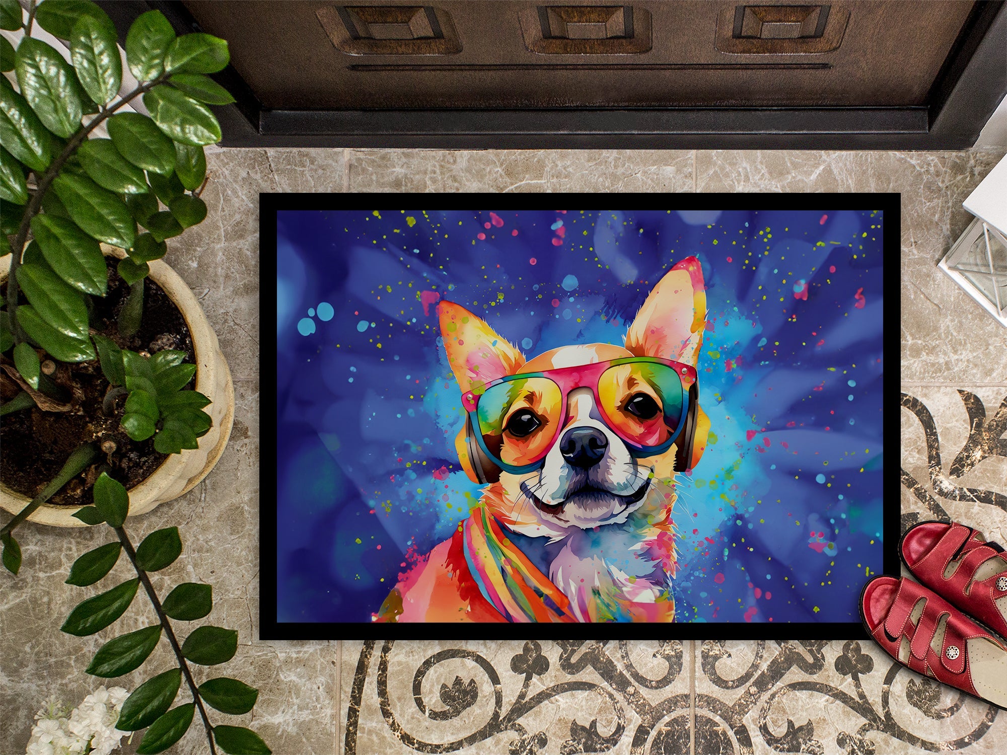Chihuahua Hippie Dawg Doormat Indoor Outdoor 18H X 27W Front Door Mat Rugs for Entryway, Non Slip Washable