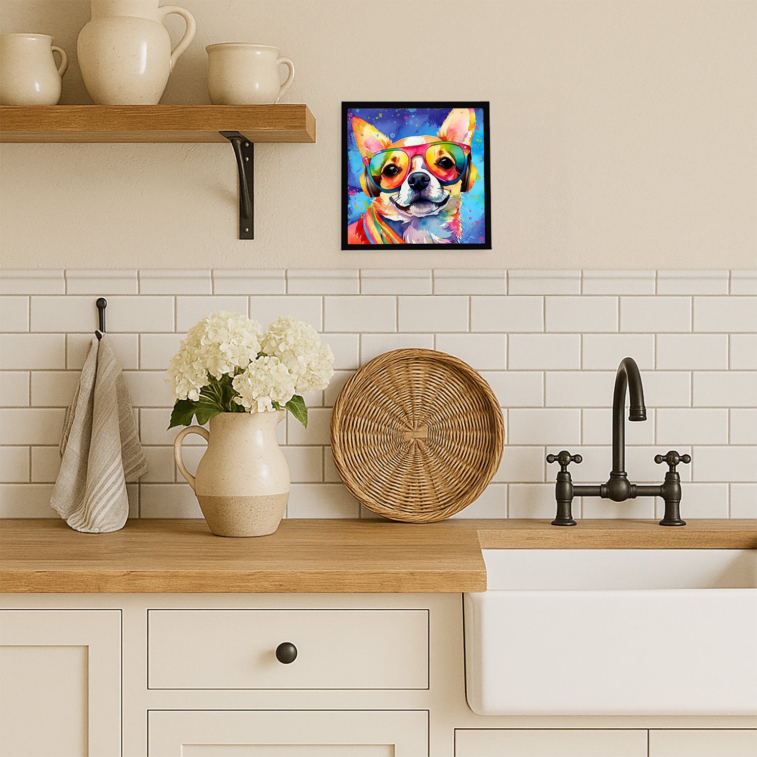 Chihuahua Hippie Dawg Framed Metal Print Bathroom, Kitchen, Office, Home Decor Wall Art Ready to Hang, Square, 8X8