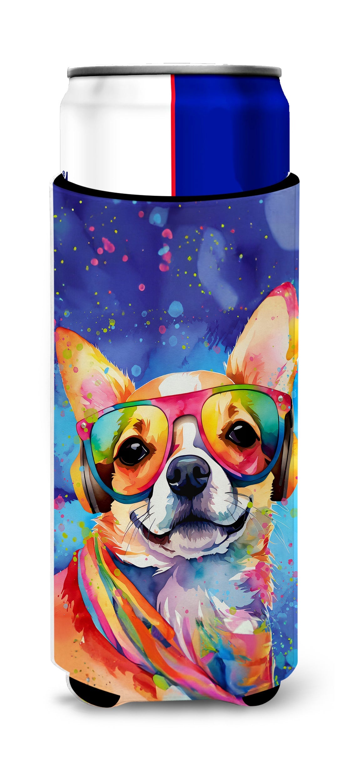 Chihuahua Hippie Dawg Slim Can Hugger , Insulated Foam Hugger for 12 oz Slim Cans, Beer Bottles & Water Bottles, Printed in USA