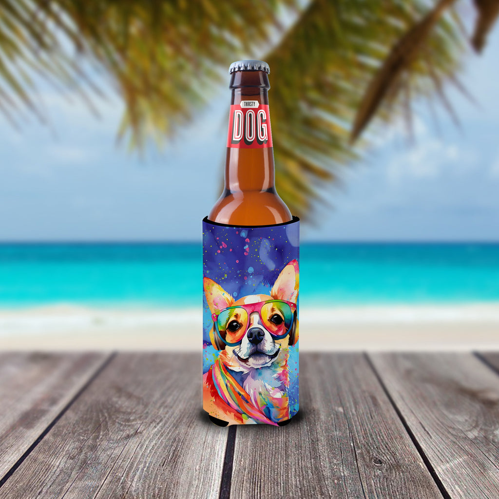 Chihuahua Hippie Dawg Slim Can Hugger , Insulated Foam Hugger for 12 oz Slim Cans, Beer Bottles & Water Bottles, Printed in USA