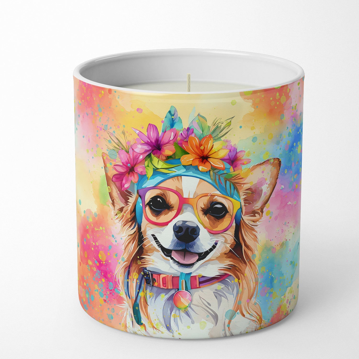Chihuahua Hippie Dawg Decorative Soy Candle Nature Soy Wax Essential Oil Home Decor Ideal for Bedroom Kitchen Bath Office Gift, 10 oz