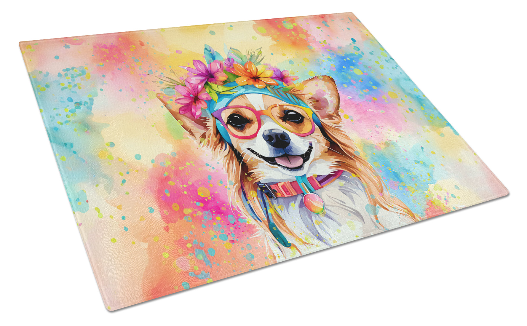 Chihuahua Hippie Dawg Cutting Board Tempered Glass Kitchen Cutting Surface, Heat Resistant Chopping, Non-Slip Feet, Food Prep & Serving