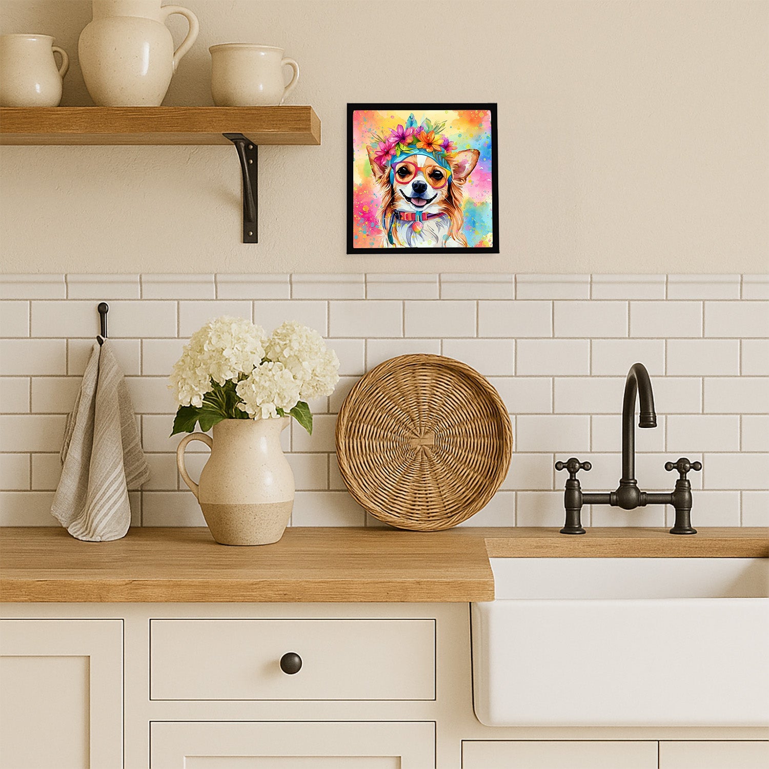 Chihuahua Hippie Dawg Framed Metal Print Bathroom, Kitchen, Office, Home Decor Wall Art Ready to Hang, Square, 8X8