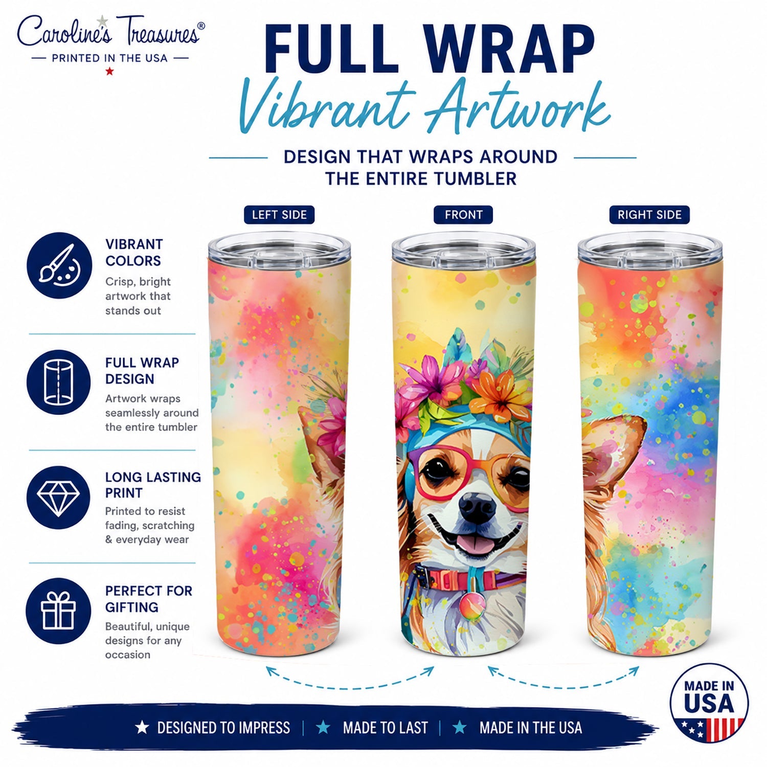 Chihuahua Hippie Dawg Stainless Steel Skinny Tumbler 20 oz Vacuum Double Walled Reusable Insulated Travel Cup