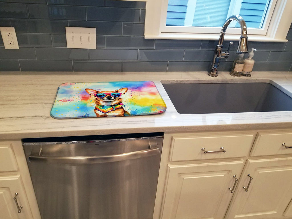 Chihuahua Hippie Dawg Dish Drying Mat Absorbent Dish Drying Mat Pad for Kitchen Counter Dish Drainer Mat for Countertop, 14 x 21", Multicolor