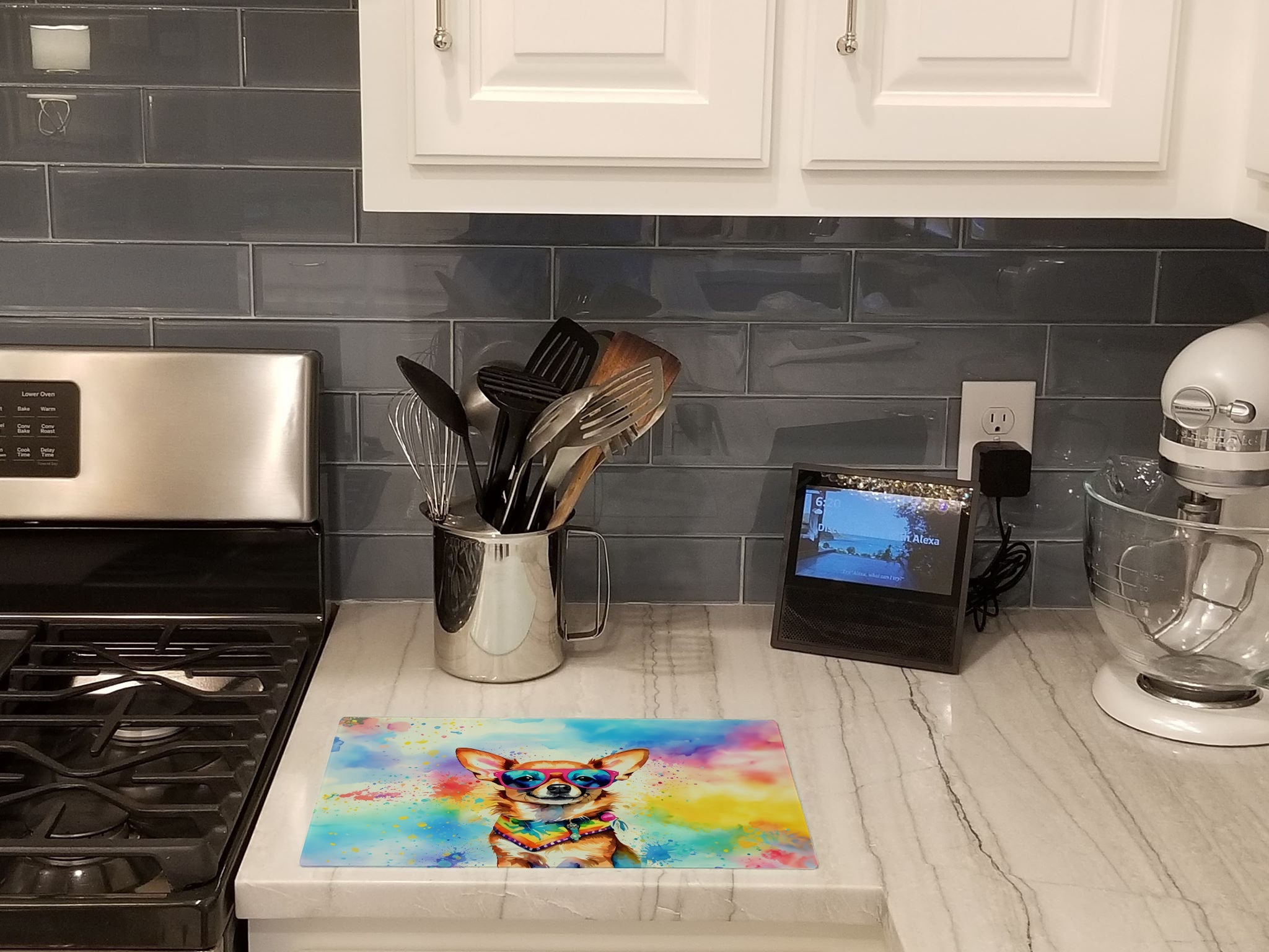 Chihuahua Hippie Dawg Cutting Board Tempered Glass Kitchen Cutting Surface, Heat Resistant Chopping, Non-Slip Feet, Food Prep & Serving