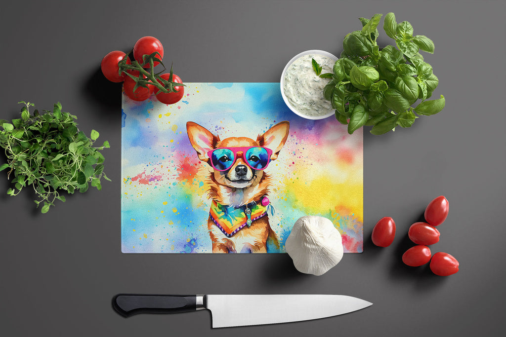 Chihuahua Hippie Dawg Cutting Board Tempered Glass Kitchen Cutting Surface, Heat Resistant Chopping, Non-Slip Feet, Food Prep & Serving
