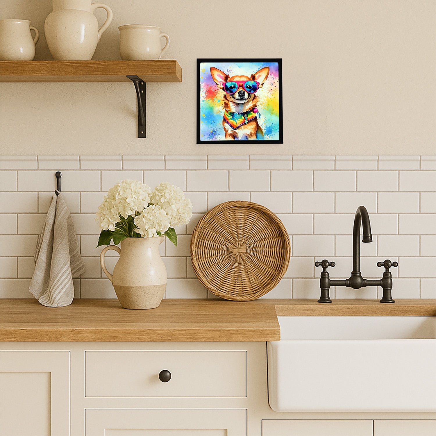 Chihuahua Hippie Dawg Framed Metal Print Bathroom, Kitchen, Office, Home Decor Wall Art Ready to Hang, Square, 8X8