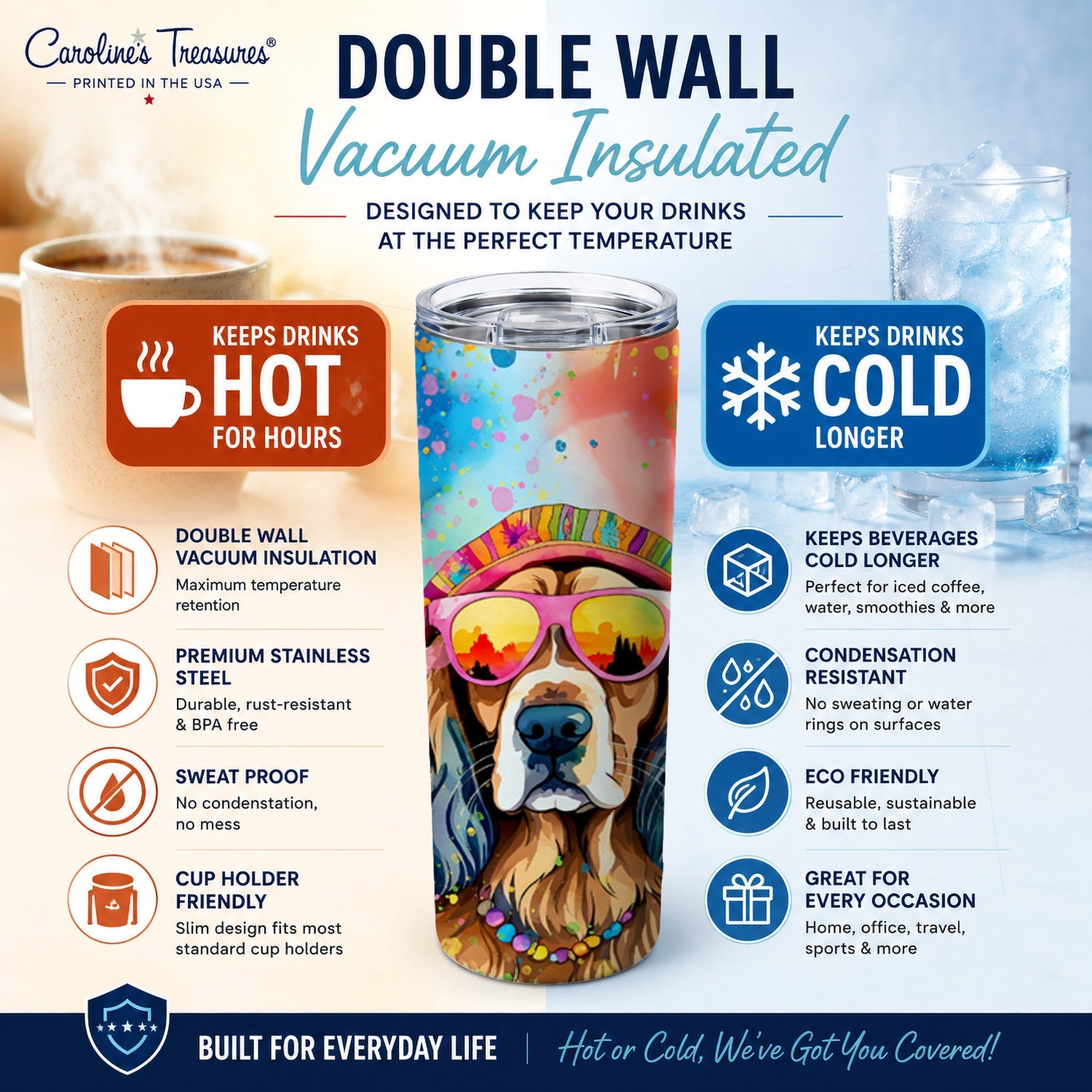 Cocker Spaniel Hippie Dawg Stainless Steel Skinny Tumbler 20 oz Vacuum Double Walled Reusable Insulated Travel Cup
