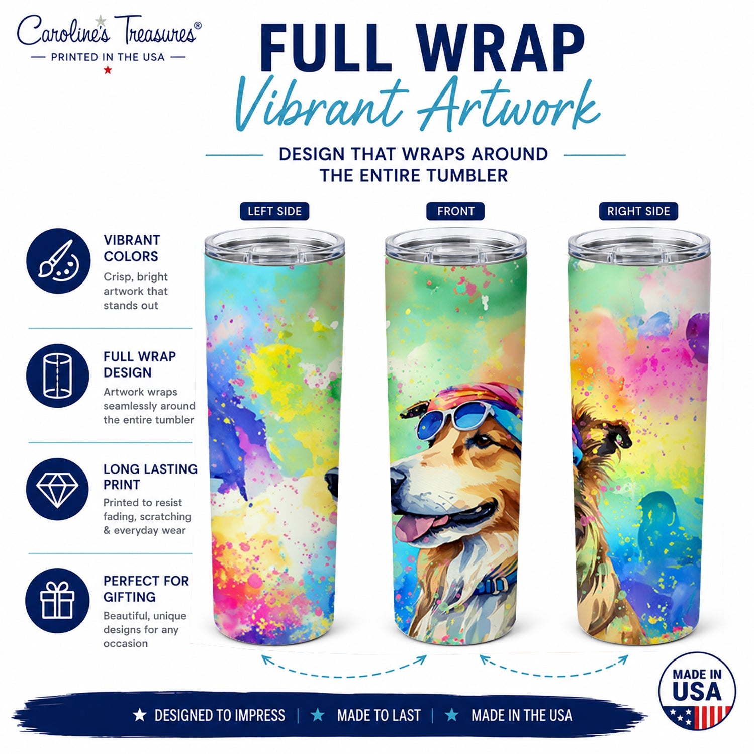 Collie Hippie Dawg Stainless Steel Skinny Tumbler 20 oz Vacuum Double Walled Reusable Insulated Travel Cup