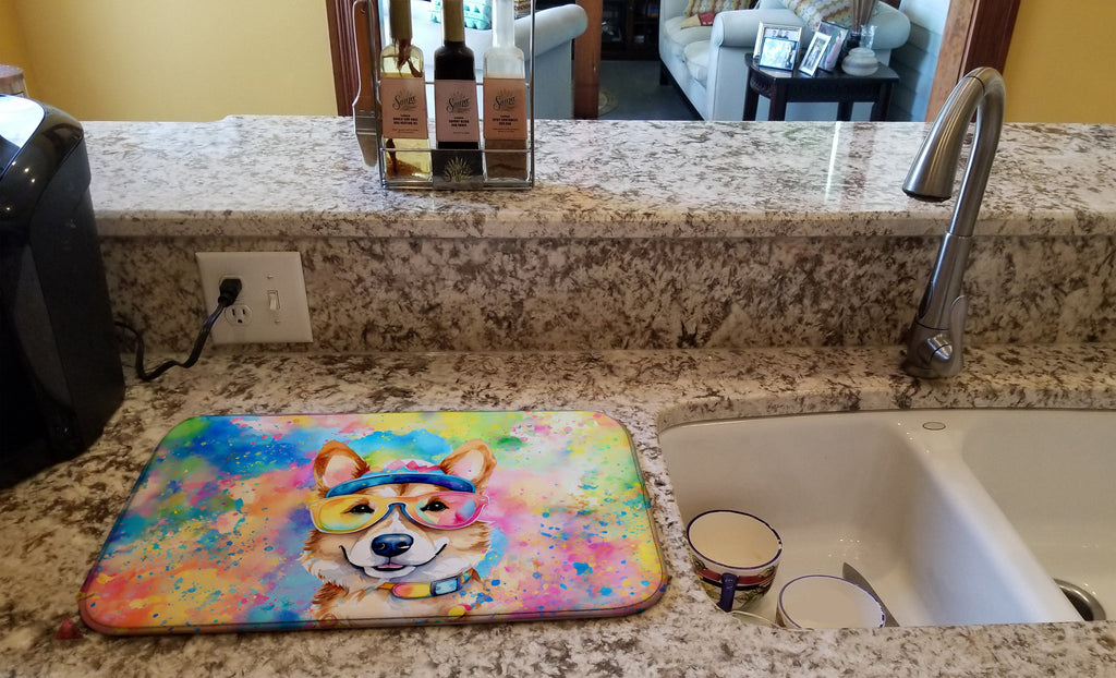 Corgi Hippie Dawg Dish Drying Mat Absorbent Dish Drying Mat Pad for Kitchen Counter Dish Drainer Mat for Countertop, 14 x 21", Multicolor