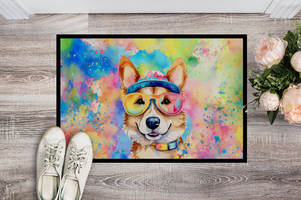 Corgi Hippie Dawg Doormat Indoor Outdoor 24H X 36W Front Door Mat Rugs for Entryway, Non Slip Washable Low Pile,
