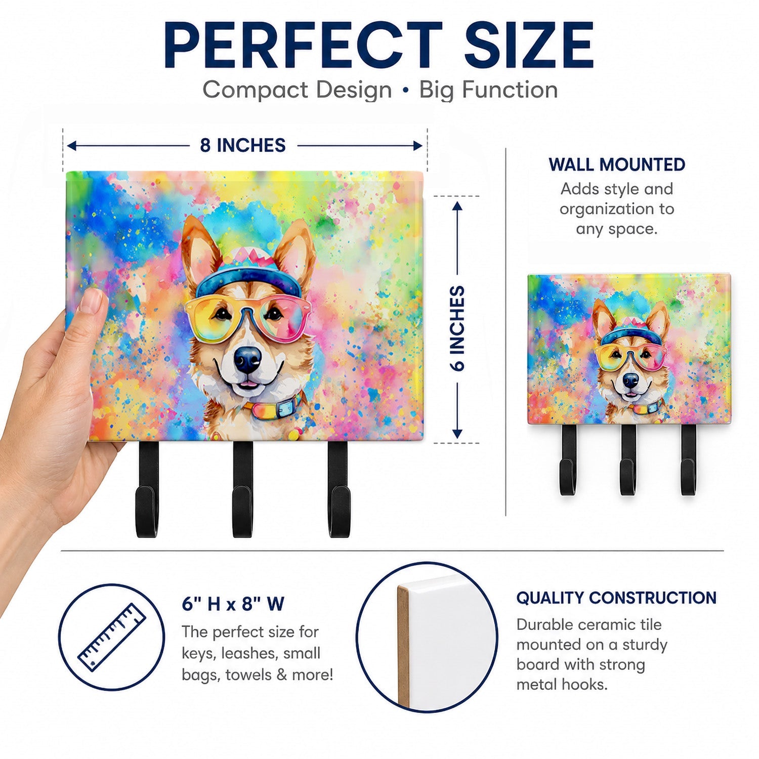 Corgi Hippie Dawg Leash or Key Holder Wall Hooks, Coat Rack Wall Mount, for Hanging Keys, Towels, Aprons, Leashes