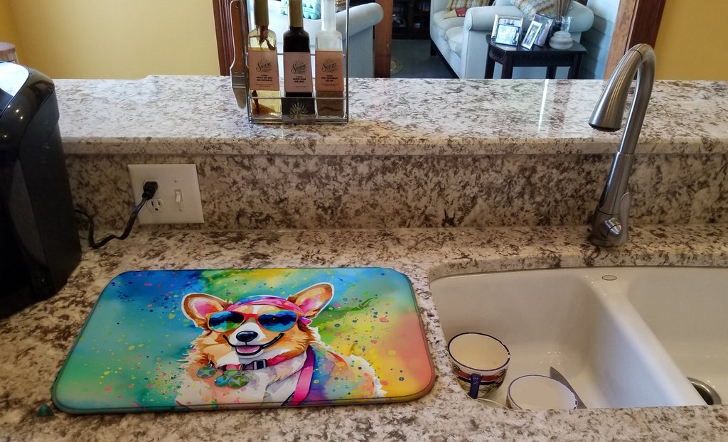 Corgi Hippie Dawg Dish Drying Mat Absorbent Dish Drying Mat Pad for Kitchen Counter Dish Drainer Mat for Countertop, 14 x 21", Multicolor