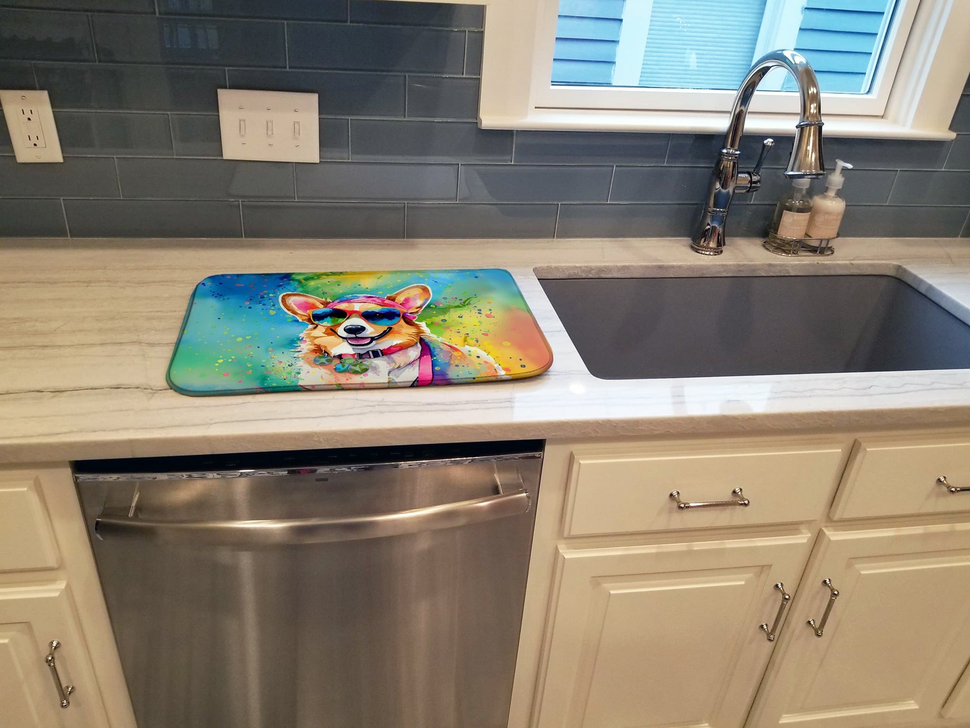 Corgi Hippie Dawg Dish Drying Mat Absorbent Dish Drying Mat Pad for Kitchen Counter Dish Drainer Mat for Countertop, 14 x 21", Multicolor