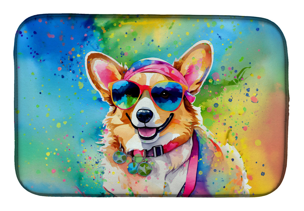 Corgi Hippie Dawg Dish Drying Mat Absorbent Dish Drying Mat Pad for Kitchen Counter Dish Drainer Mat for Countertop, 14 x 21", Multicolor