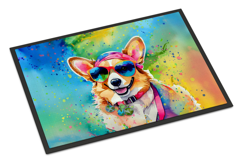 Corgi Hippie Dawg Doormat Indoor Outdoor 24H X 36W Front Door Mat Rugs for Entryway, Non Slip Washable Low Pile,
