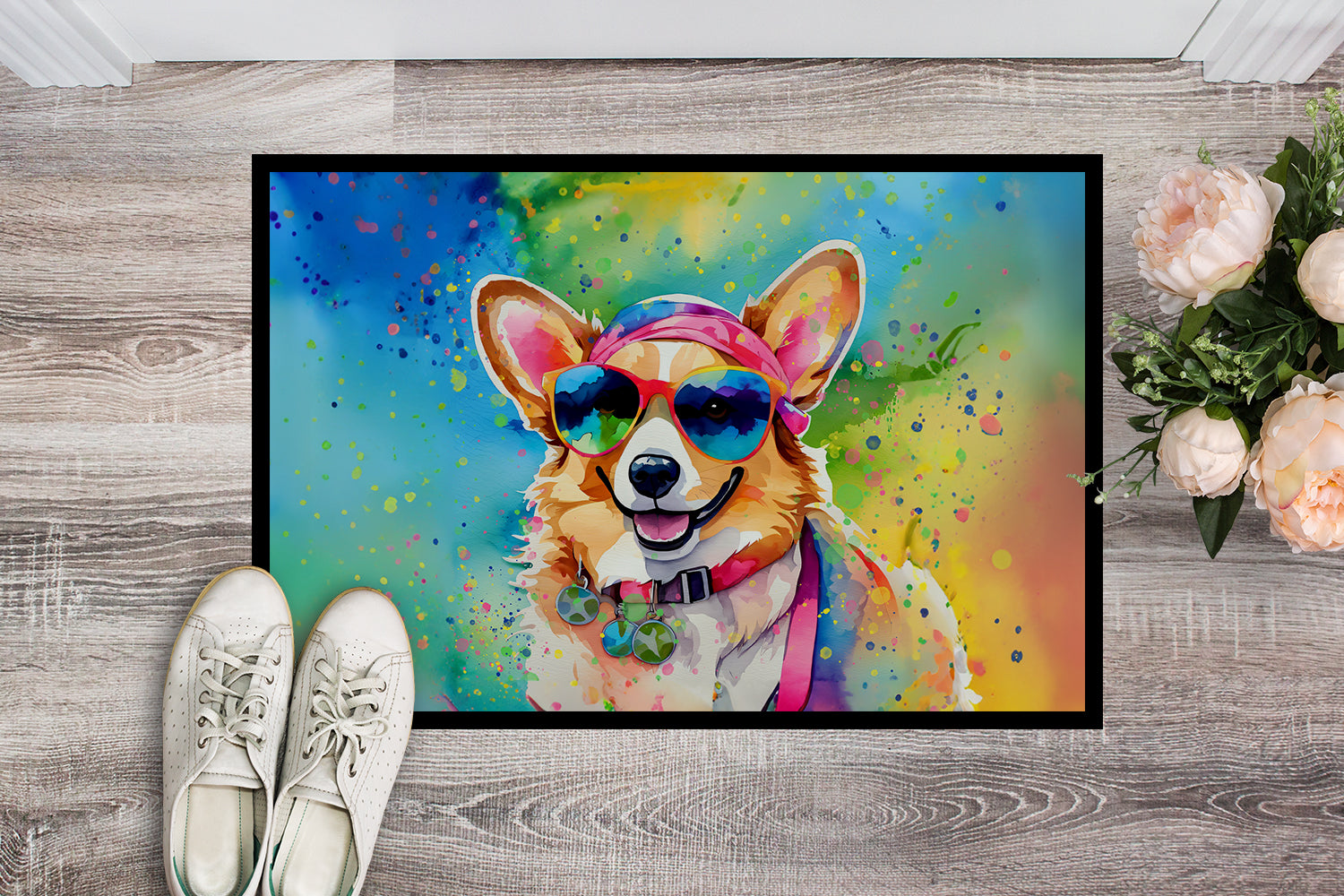 Corgi Hippie Dawg Doormat Indoor Outdoor 24H X 36W Front Door Mat Rugs for Entryway, Non Slip Washable Low Pile,