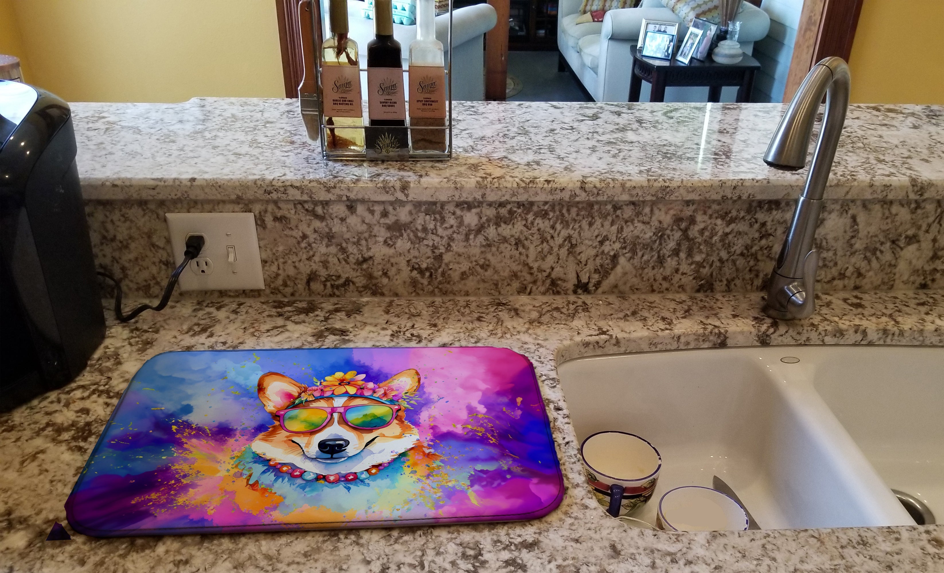 Corgi Hippie Dawg Dish Drying Mat Absorbent Dish Drying Mat Pad for Kitchen Counter Dish Drainer Mat for Countertop, 14 x 21", Multicolor