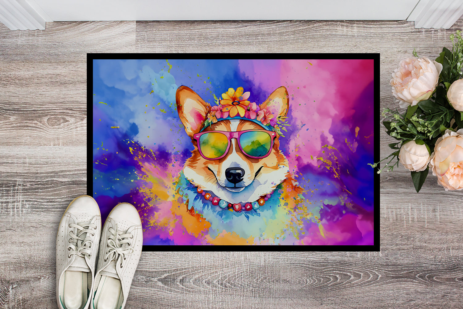 Corgi Hippie Dawg Doormat Indoor Outdoor 24H X 36W Front Door Mat Rugs for Entryway, Non Slip Washable Low Pile,