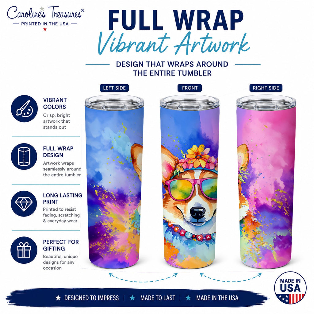 Corgi Hippie Dawg Stainless Steel Skinny Tumbler 20 oz Vacuum Double Walled Reusable Insulated Travel Cup