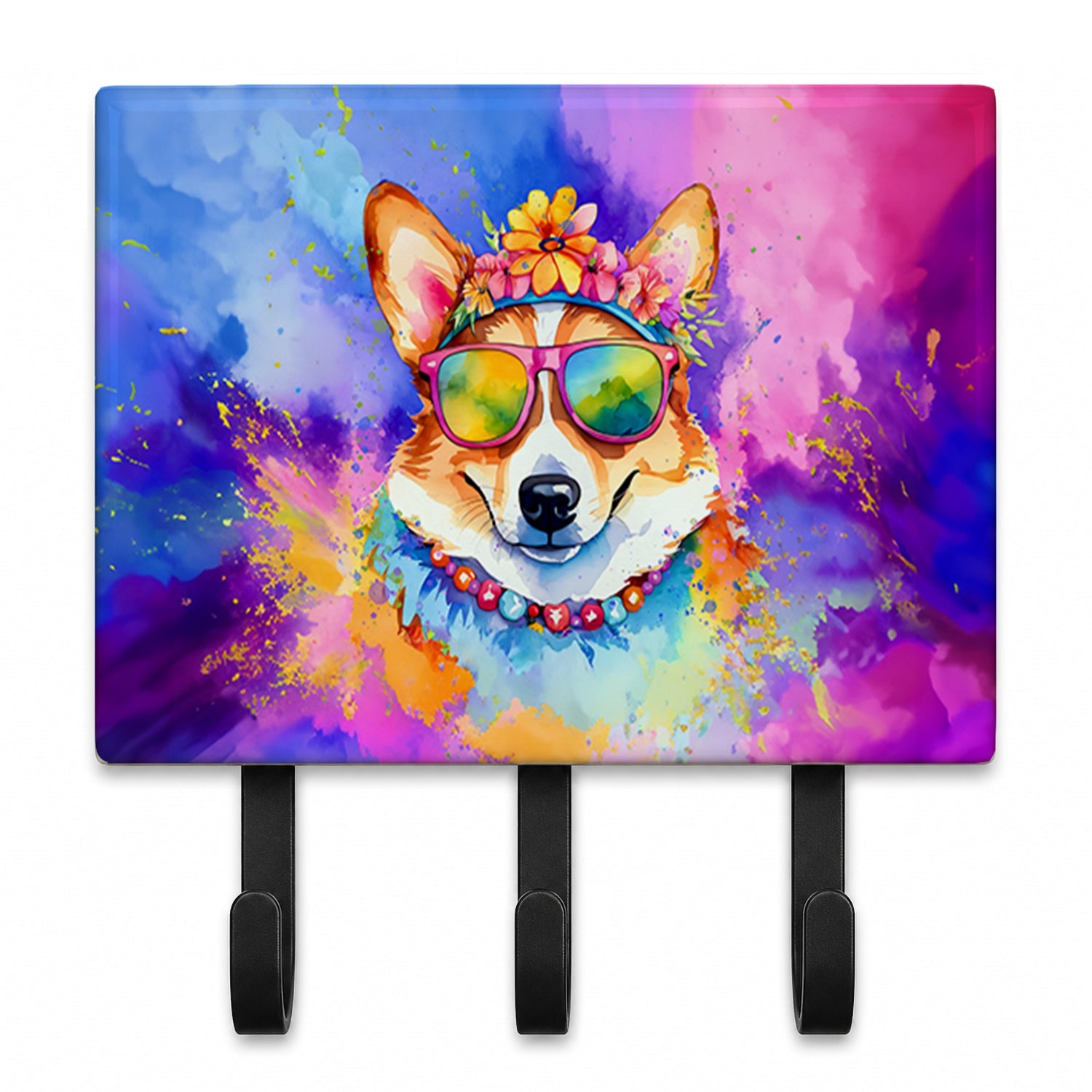 Corgi Hippie Dawg Leash or Key Holder Wall Hooks, Coat Rack Wall Mount, for Hanging Keys, Towels, Aprons, Leashes