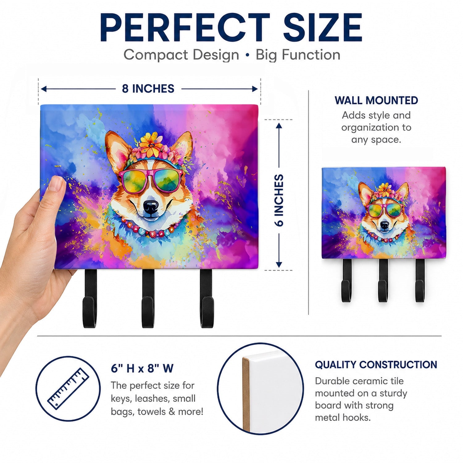 Corgi Hippie Dawg Leash or Key Holder Wall Hooks, Coat Rack Wall Mount, for Hanging Keys, Towels, Aprons, Leashes