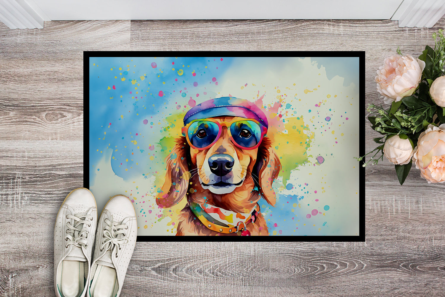 Dachshund Hippie Dawg Doormat Indoor Outdoor 24H X 36W Front Door Mat Rugs for Entryway, Non Slip Washable Low Pile,