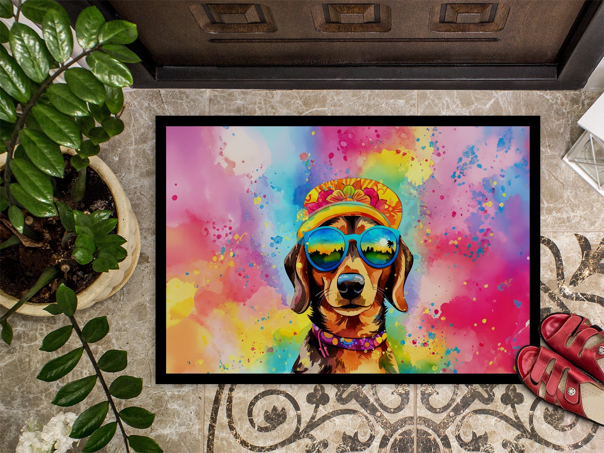 Dachshund Hippie Dawg Doormat Indoor Outdoor 24H X 36W Front Door Mat Rugs for Entryway, Non Slip Washable Low Pile,