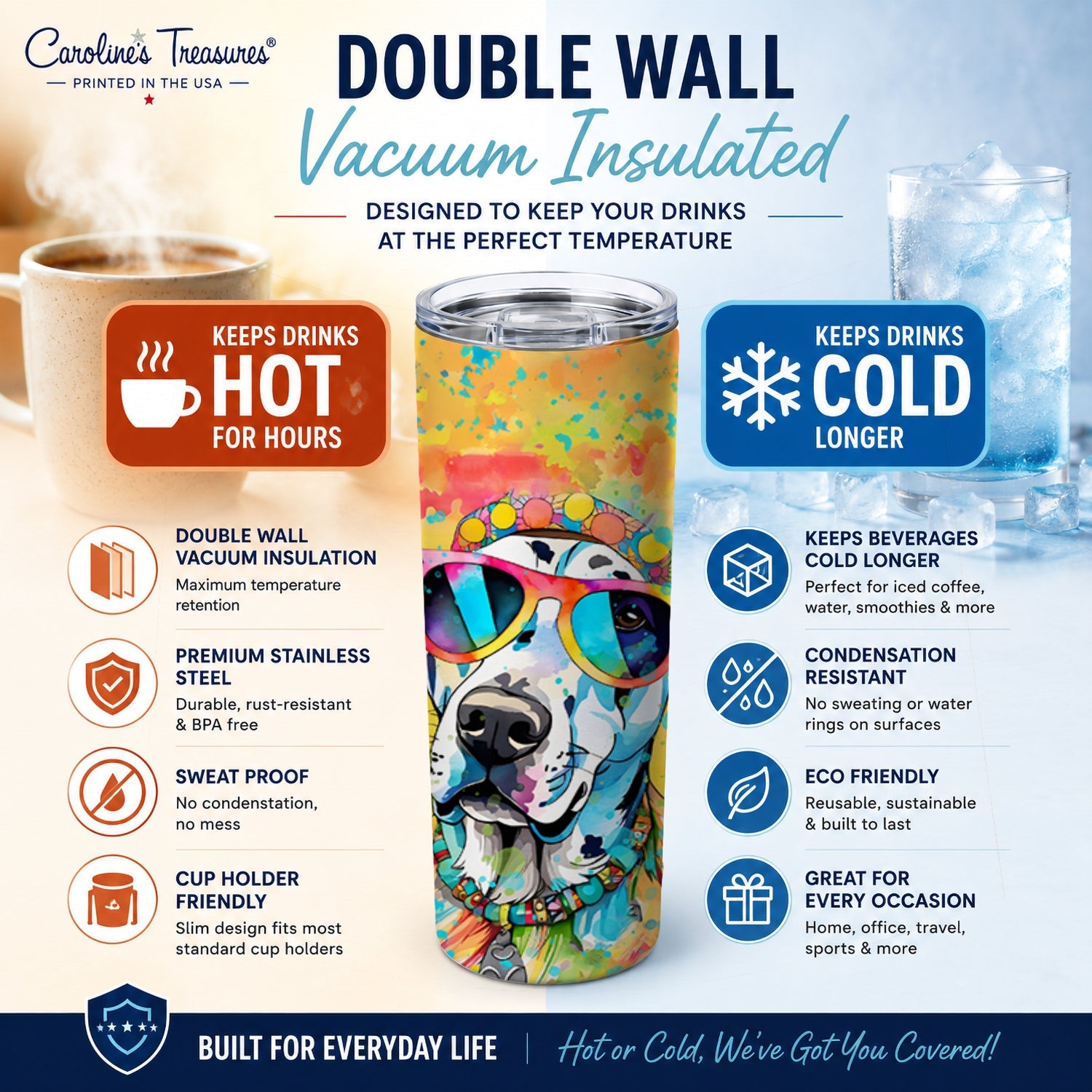 Dalmatian Hippie Dawg Stainless Steel Skinny Tumbler 20 oz Vacuum Double Walled Reusable Insulated Travel Cup