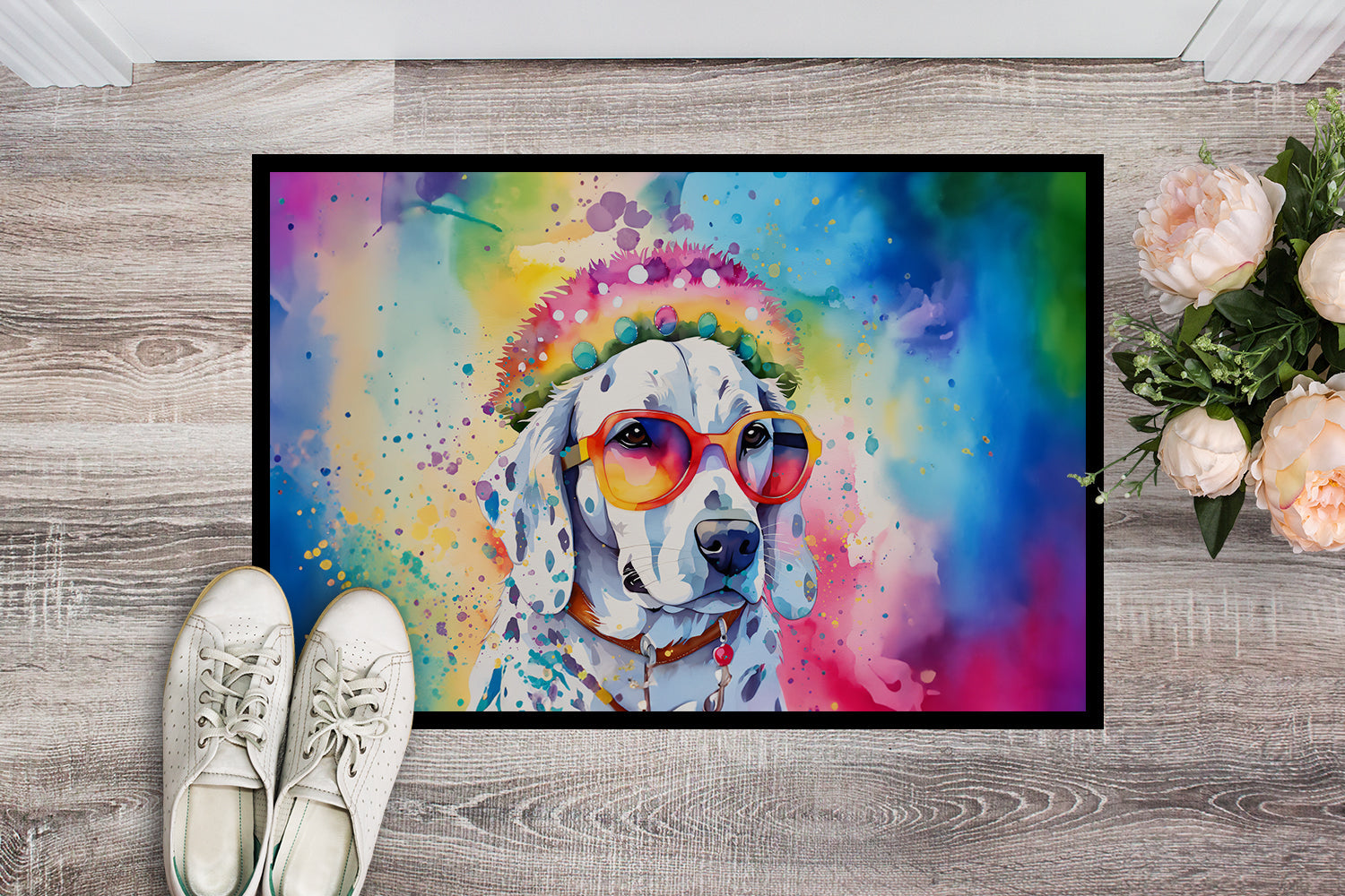 Dalmatian Hippie Dawg Doormat Indoor Outdoor 24H X 36W Front Door Mat Rugs for Entryway, Non Slip Washable Low Pile,