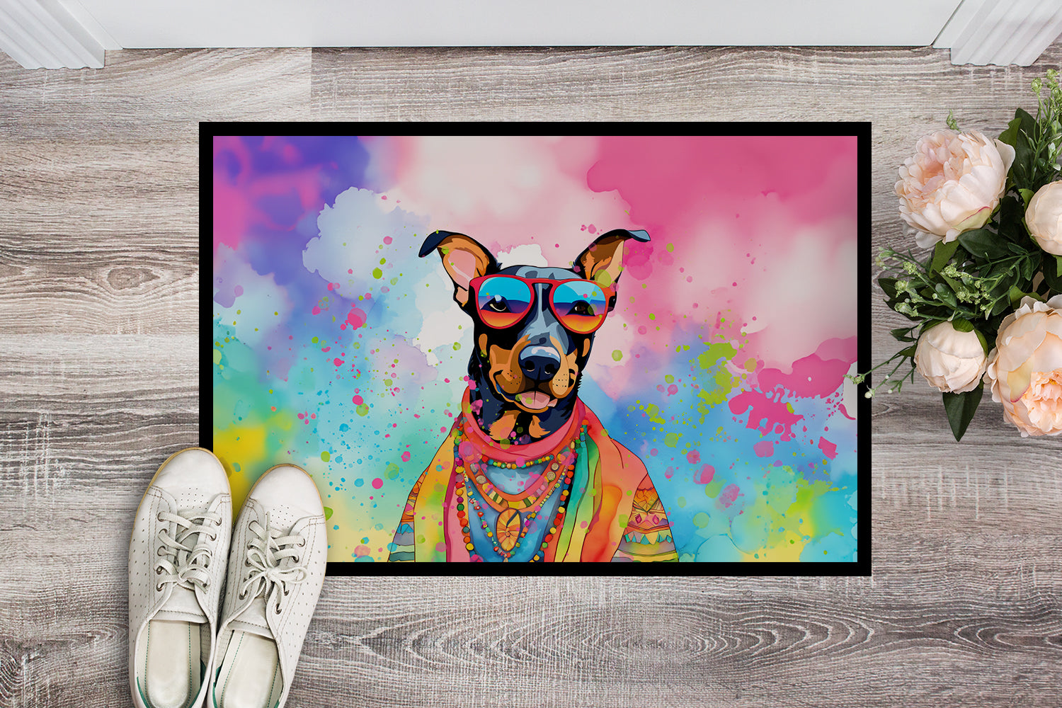 Doberman Pinscher Hippie Dawg Doormat Indoor Outdoor 24H X 36W Front Door Mat Rugs for Entryway, Non Slip Washable Low Pile,