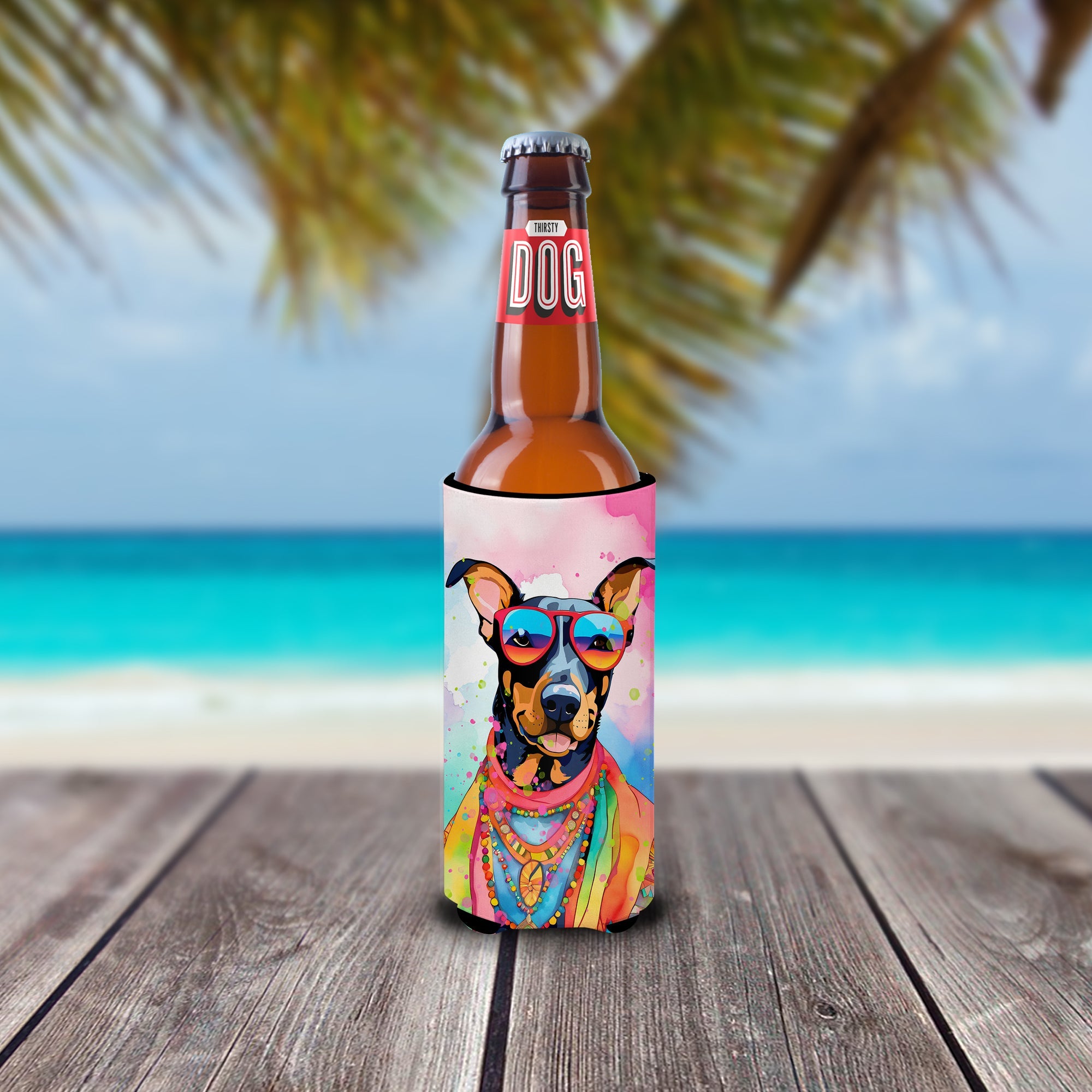 Doberman Pinscher Hippie Dawg Slim Can Hugger , Insulated Foam Hugger for 12 oz Slim Cans, Beer Bottles & Water Bottles, Printed in USA