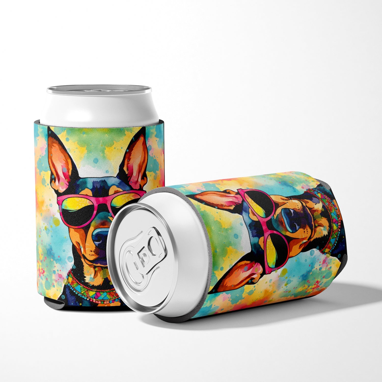 Doberman Pinscher Hippie Dawg Can or Bottle Hugger Cooler Sleeve for Standard 12 oz Cans, Insulated Foam Beer & Soda Can Hugger Reusable