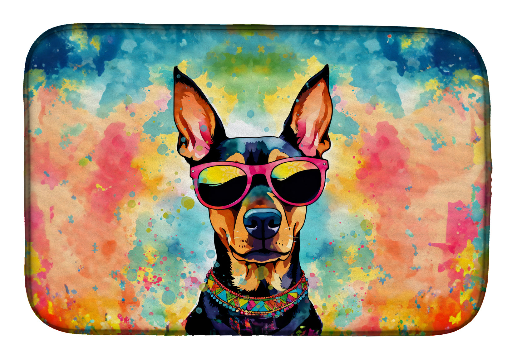 Doberman Pinscher Hippie Dawg Dish Drying Mat Absorbent Dish Drying Mat Pad for Kitchen Counter Dish Drainer Mat for Countertop, 14 x 21", Multicolor