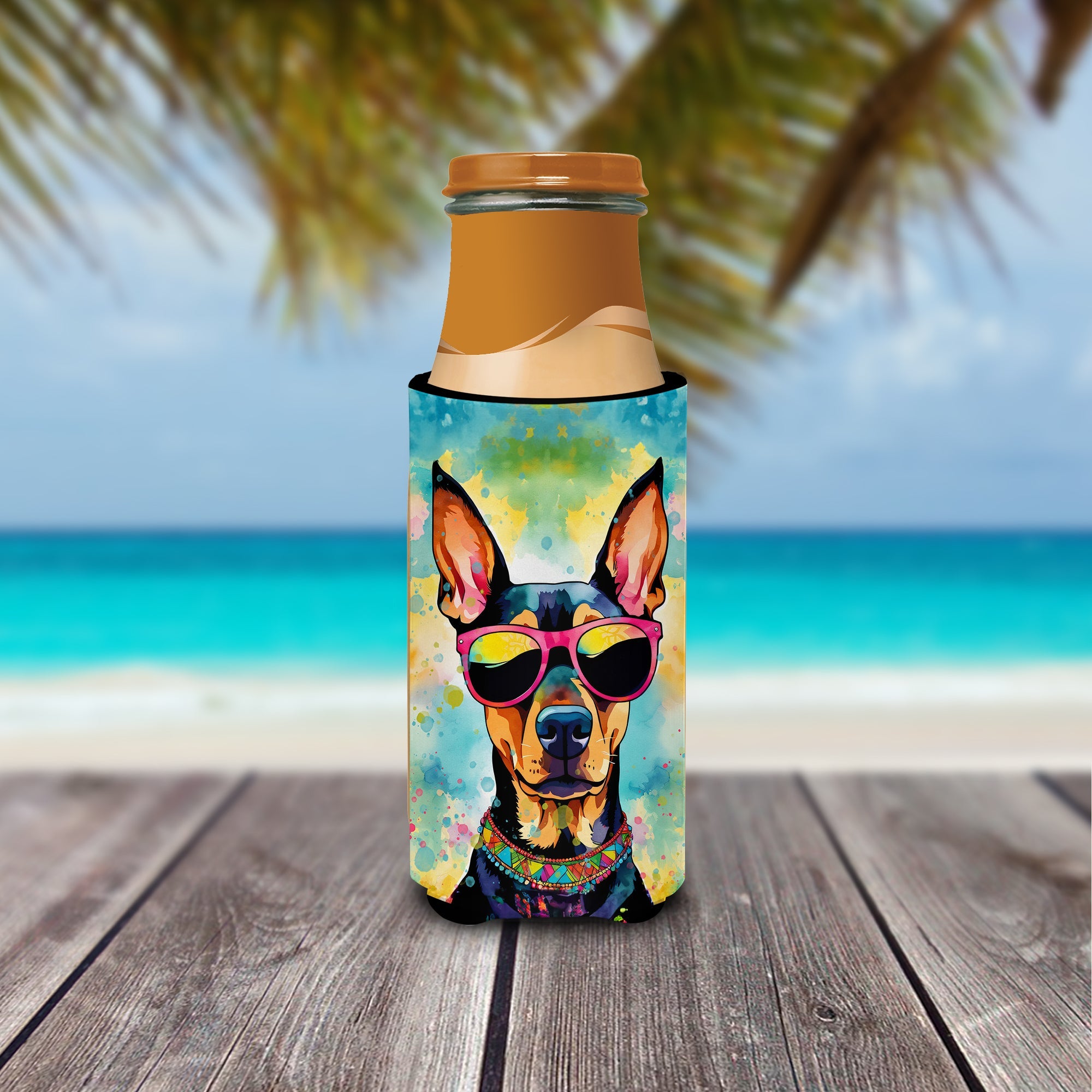 Doberman Pinscher Hippie Dawg Slim Can Hugger , Insulated Foam Hugger for 12 oz Slim Cans, Beer Bottles & Water Bottles, Printed in USA