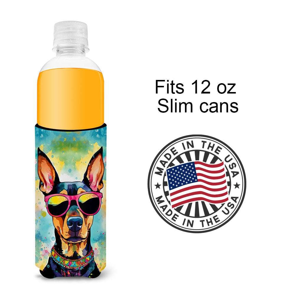 Doberman Pinscher Hippie Dawg Slim Can Hugger , Insulated Foam Hugger for 12 oz Slim Cans, Beer Bottles & Water Bottles, Printed in USA