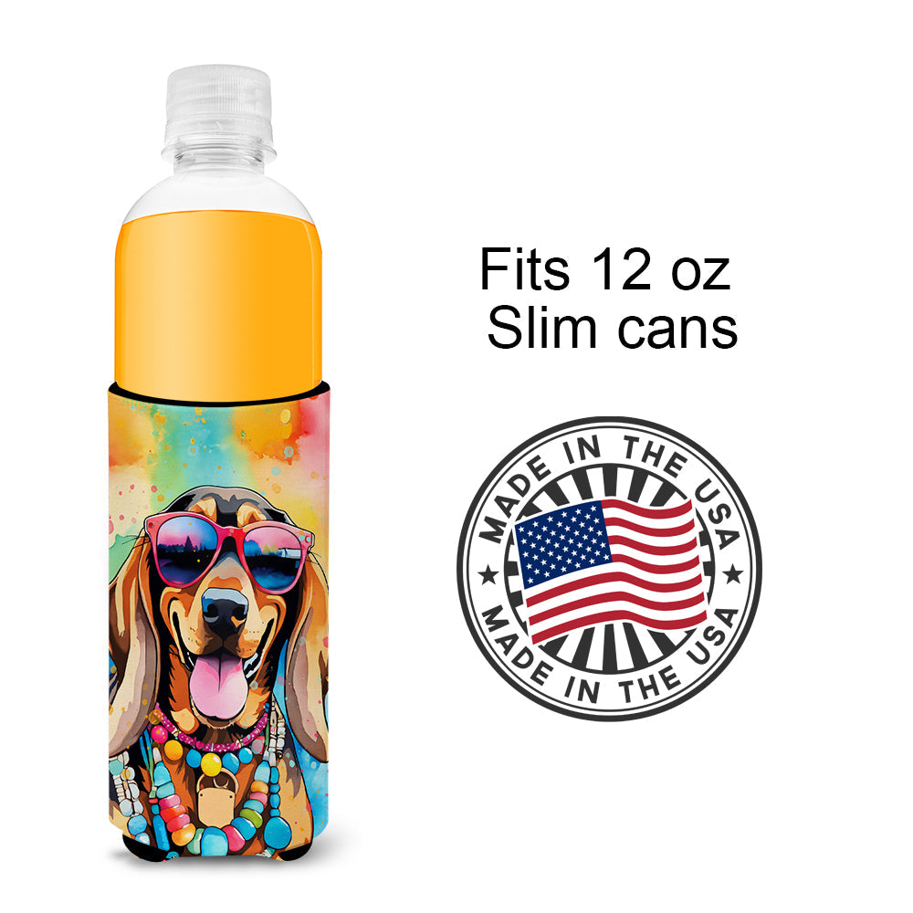 Doberman Pinscher Hippie Dawg Slim Can Hugger , Insulated Foam Hugger for 12 oz Slim Cans, Beer Bottles & Water Bottles, Printed in USA