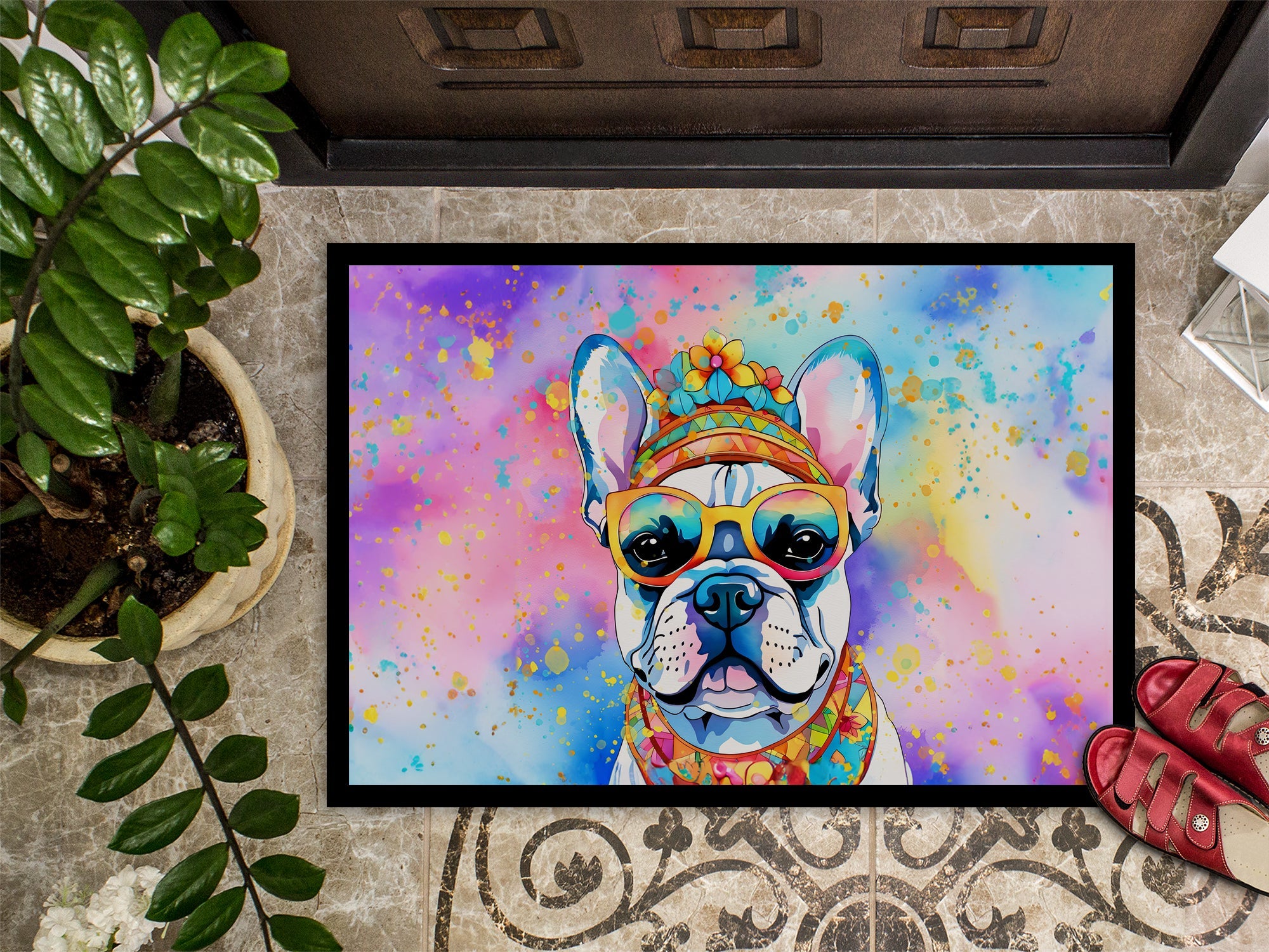 French Bulldog Hippie Dawg Doormat Indoor Outdoor 18H X 27W Front Door Mat Rugs for Entryway, Non Slip Washable