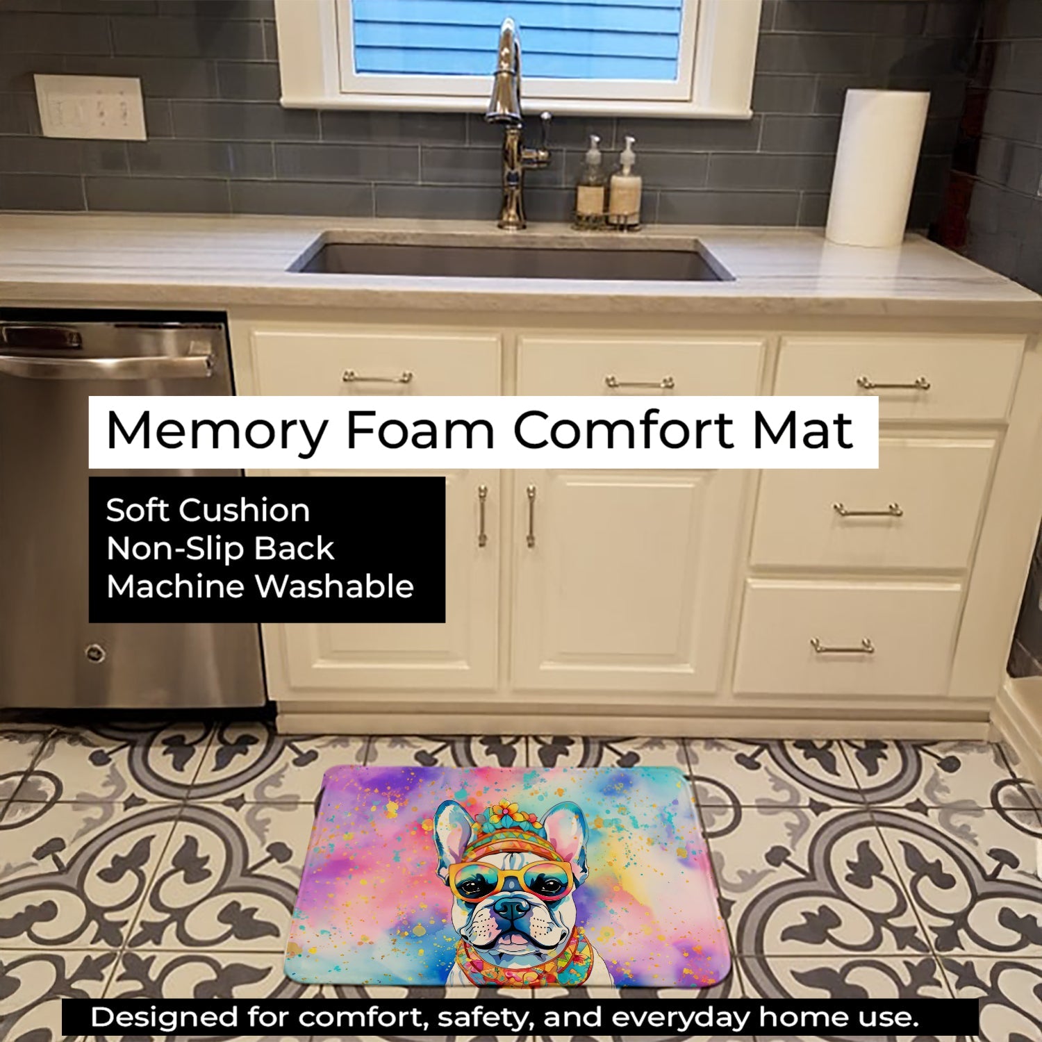 French Bulldog Hippie Dawg Memory Foam Kitchen Mat Machine Washable Anti-Fatigue Cushion Comfort Bath or Kitchen Rug
