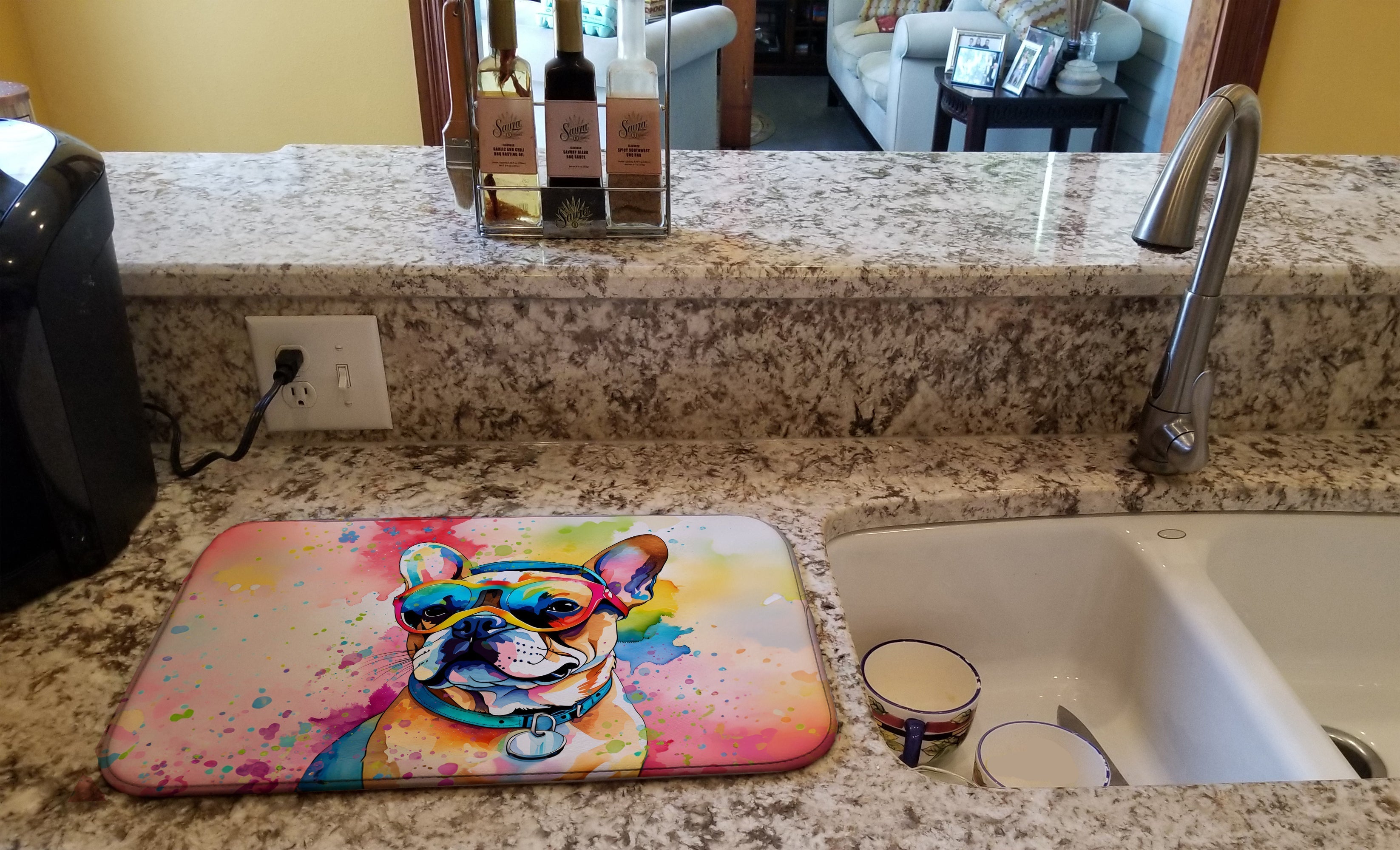 French Bulldog Hippie Dawg Dish Drying Mat Absorbent Dish Drying Mat Pad for Kitchen Counter Dish Drainer Mat for Countertop, 14 x 21", Multicolor