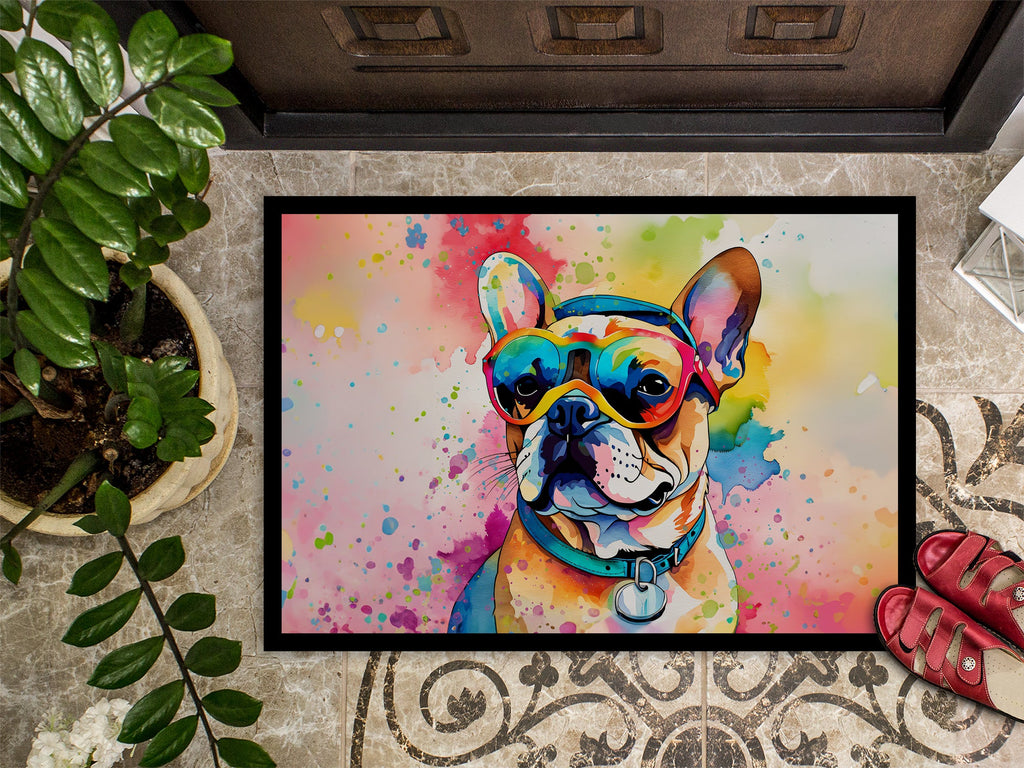 French Bulldog Hippie Dawg Doormat Indoor Outdoor 24H X 36W Front Door Mat Rugs for Entryway, Non Slip Washable Low Pile,