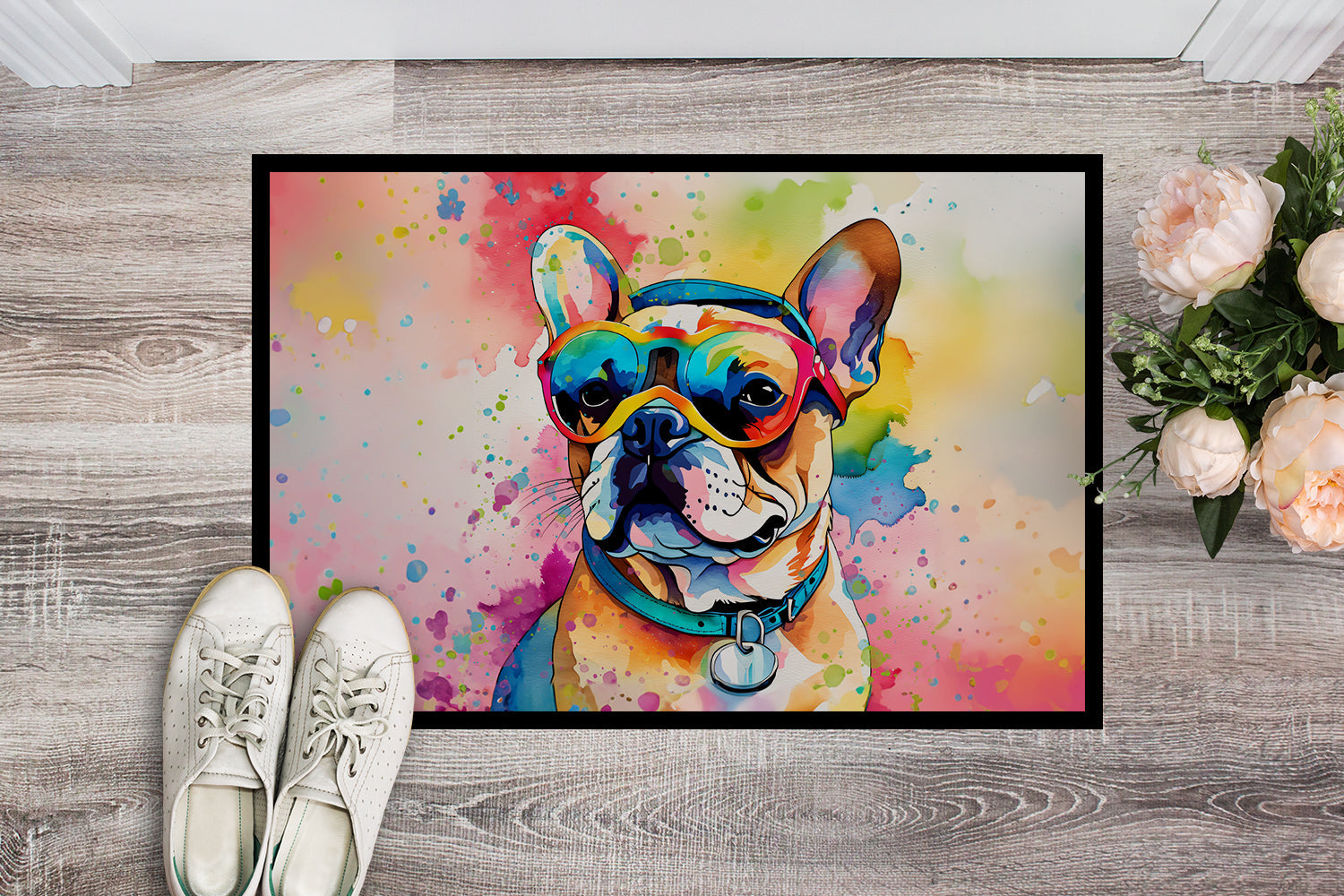 French Bulldog Hippie Dawg Doormat Indoor Outdoor 18H X 27W Front Door Mat Rugs for Entryway, Non Slip Washable