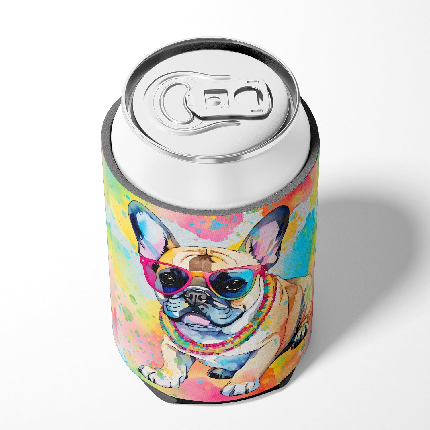 French Bulldog Hippie Dawg Can or Bottle Hugger Cooler Sleeve for Standard 12 oz Cans, Insulated Foam Beer & Soda Can Hugger Reusable