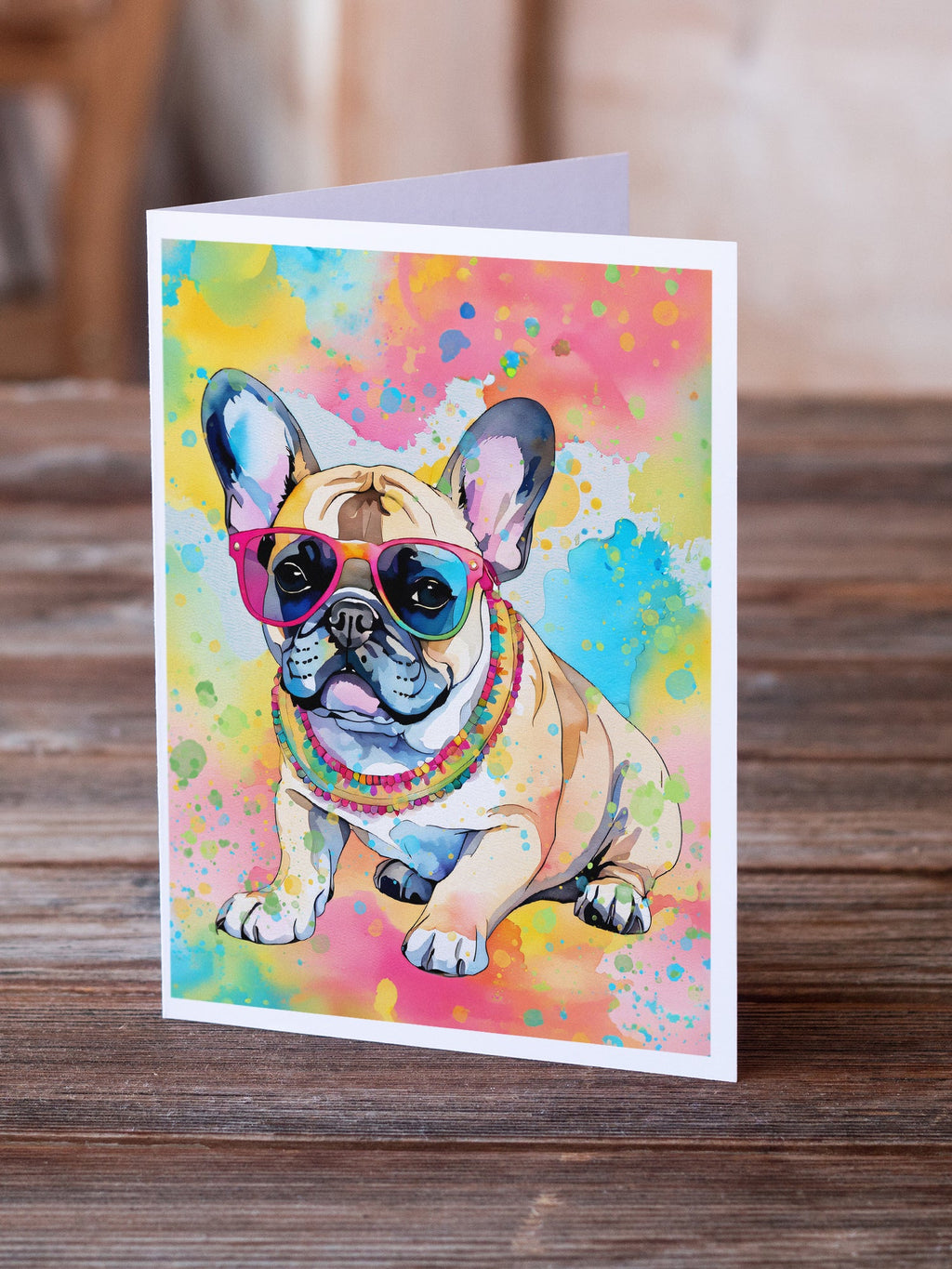 French Bulldog Hippie Dawg Greeting Cards Pack of 8 Blank Cards with Envelopes Whimsical A7 Size 5x7