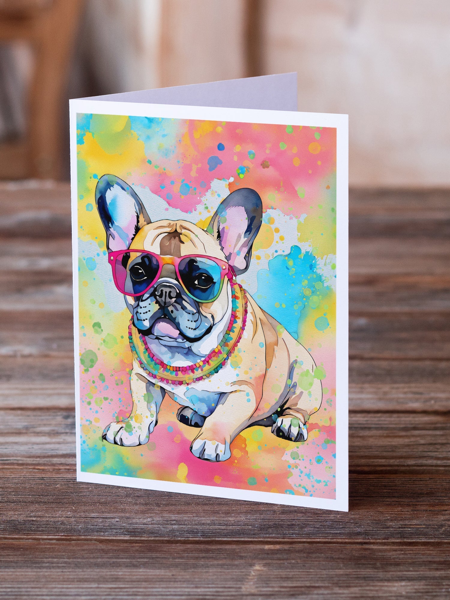 French Bulldog Hippie Dawg Greeting Cards Pack of 8 Blank Cards with Envelopes Whimsical A7 Size 5x7