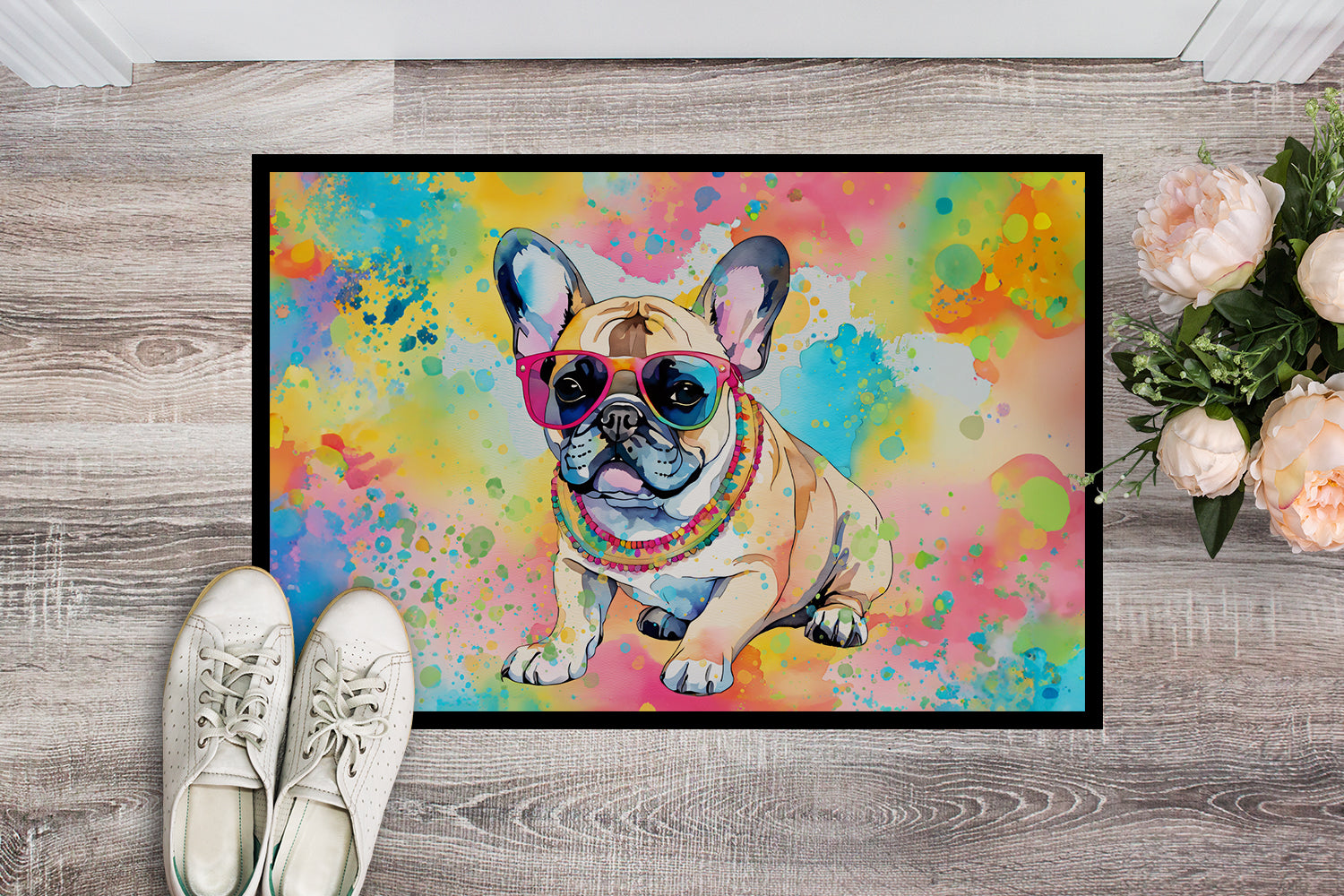 French Bulldog Hippie Dawg Doormat Indoor Outdoor 18H X 27W Front Door Mat Rugs for Entryway, Non Slip Washable