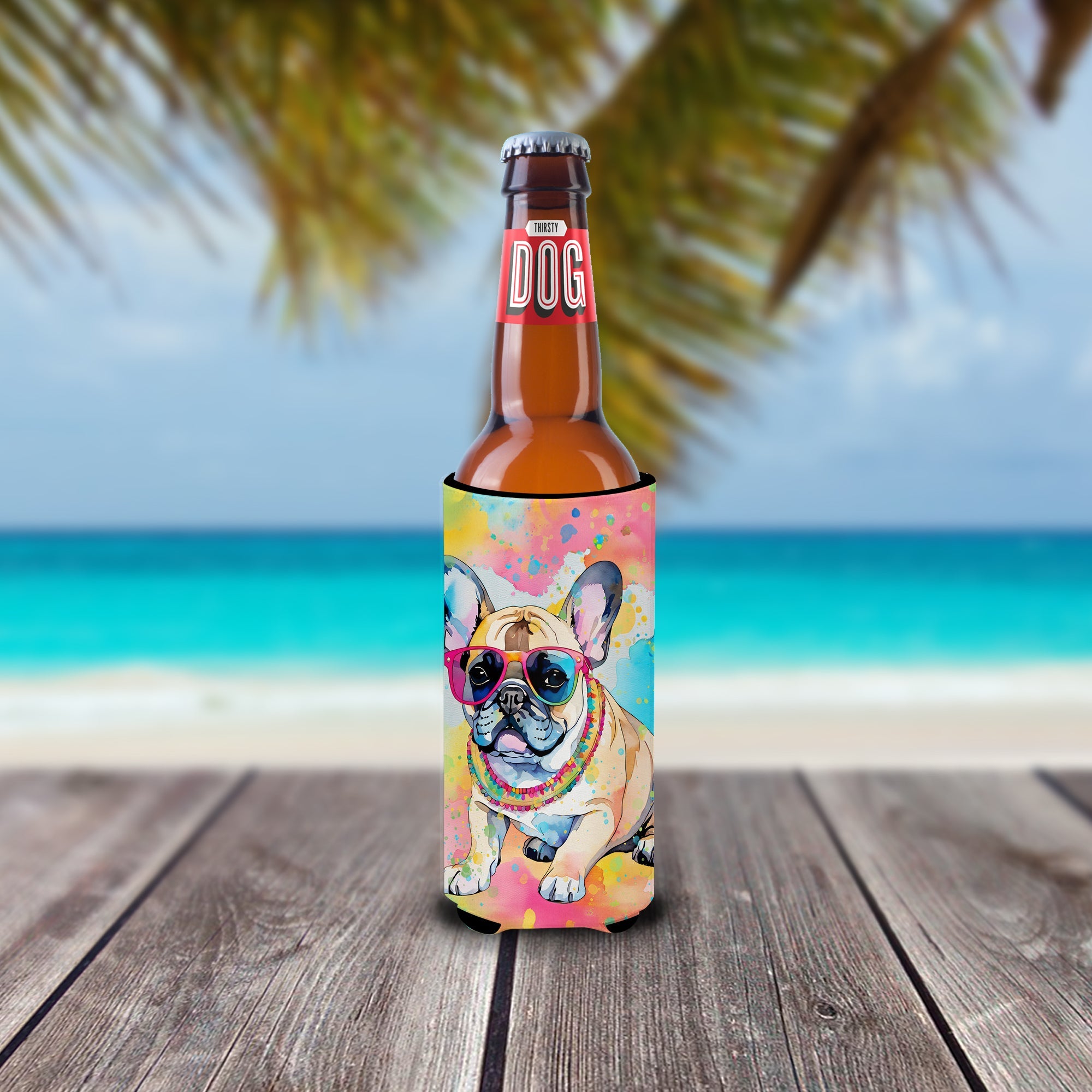 French Bulldog Hippie Dawg Slim Can Hugger , Insulated Foam Hugger for 12 oz Slim Cans, Beer Bottles & Water Bottles, Printed in USA